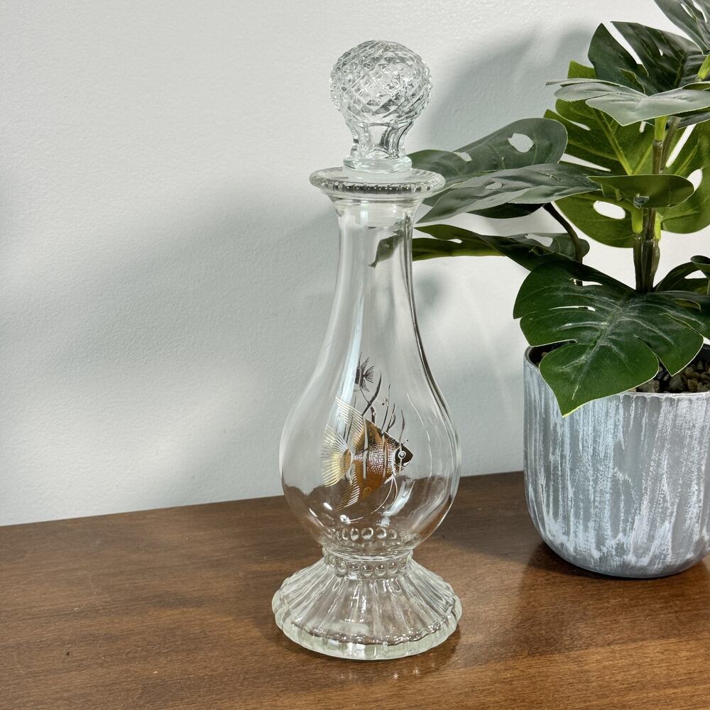 Vintage Clear Glass Decanter Bottle Gold Angel Fish Mid Century Modern Stopper